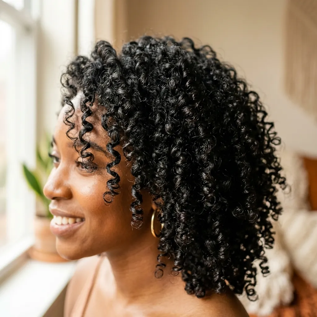 Mulher negra com cabelo cacheado tipo 3B/3C bem formados e definidos mostrando a estrutura de espiral em luz natural