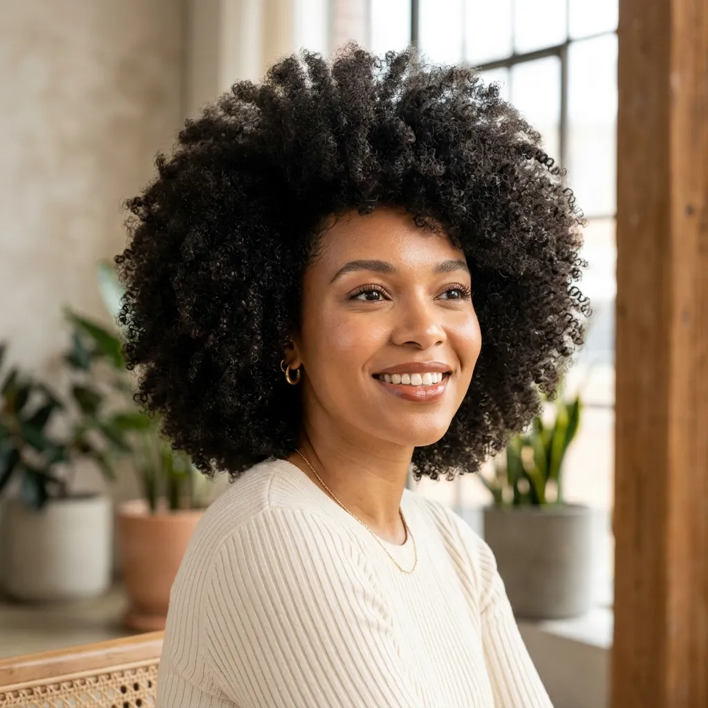 Mulher com cabelo crespo denso, volume natural e textura super ondulada característica em luz natural