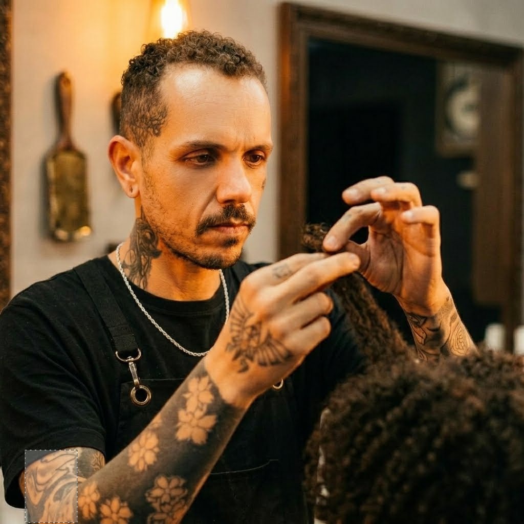 Jonatan Junior realizando corte de cabelo cacheado no Studio do Jon em Belo Horizonte
