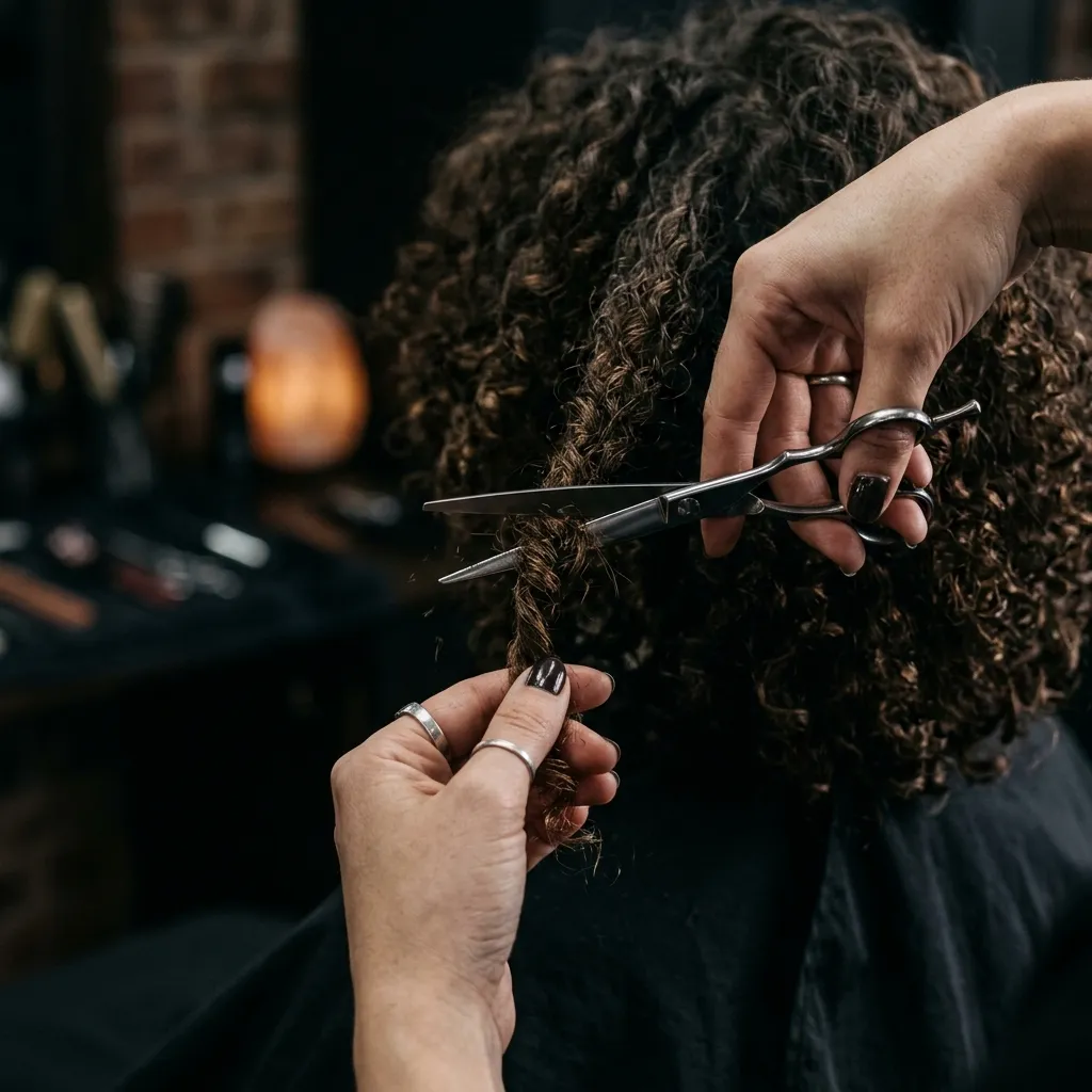 Close de mãos de um profissional de visagismo realizando corte a seco de mecha de cabelo cacheado com tesoura